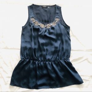Blue Peplum Tank Top with bejeweled neckline, Medium